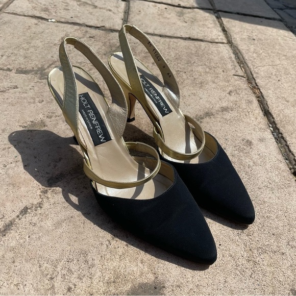 [8] Rare Vintage Holt Renfrew Black Canvas Closed Toed Kitten Heels Gold Straps - Picture 9 of 12